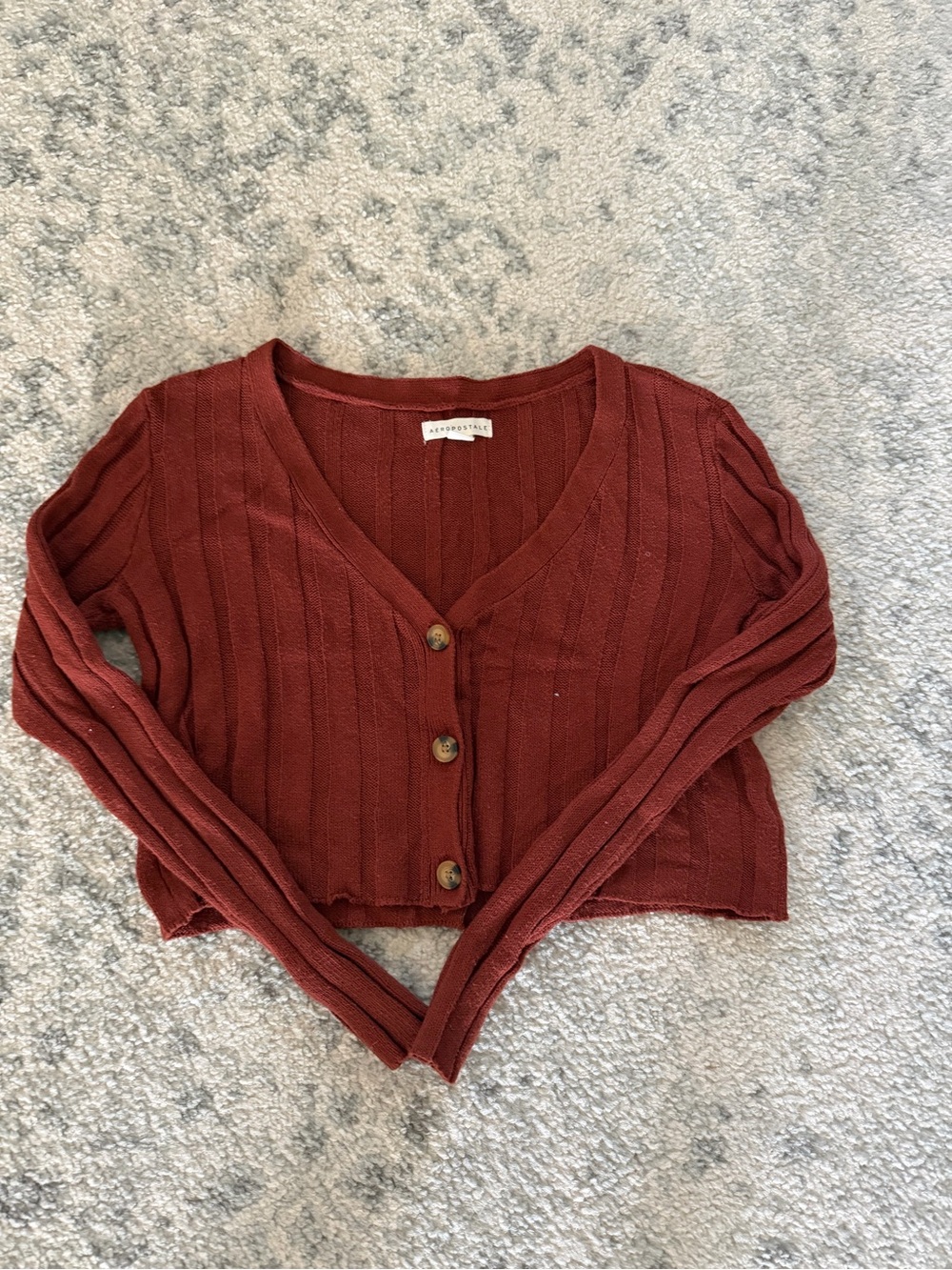 Aeropostale Rust Ribbed V-Neck Button Front Cropped Cardigan